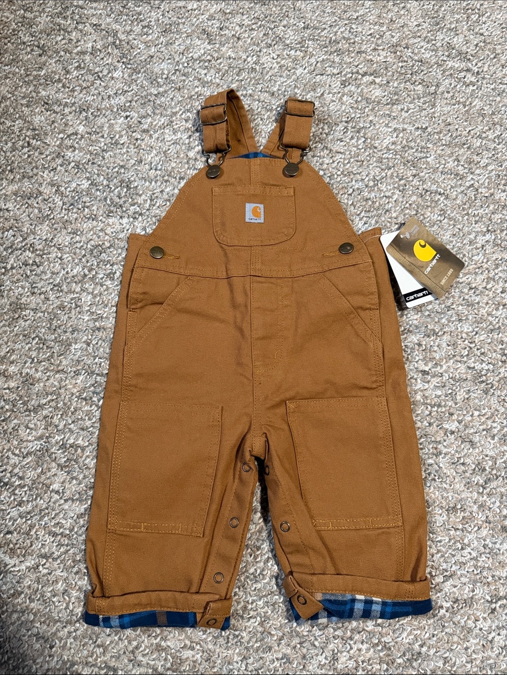 Carhartt Brown Kids Canvas Overalls with Blue Plaid 9M